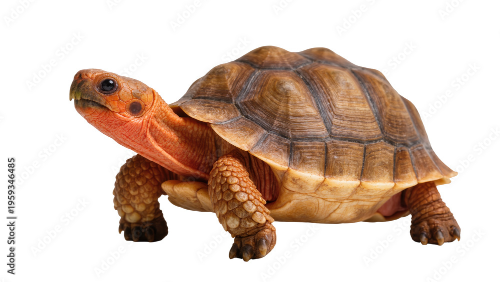 Obraz premium Colorful young red-footed tortoise walking gracefully, an exotic reptile pet close-up