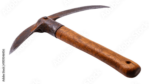 Obraz na płótnie Vintage rusty pickaxe with wooden handle, an ancient tool for mining or gardenin