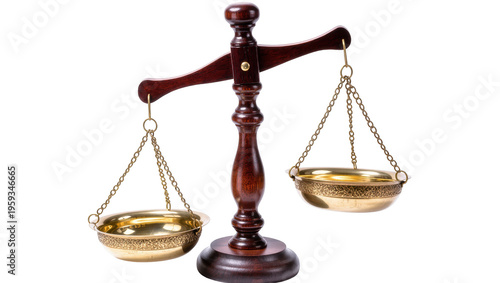 Fotografía Classic wooden balance scale with golden pans symbolizing justice and equilibriu