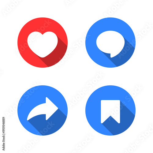Like, comment, share, and save icon with long shadow. Love, chat bubble, repost, and bookmark symbol