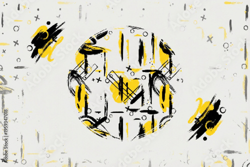 Abstract geometric vector background with yellow and black brush strokes, modern artistic texture with circular composition, hand drawn ink splatters