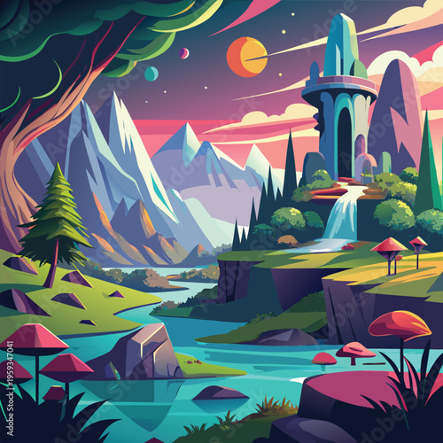 Fantasy landscape, surreal scenery, colorful mountains, futuristic illustration, vector art