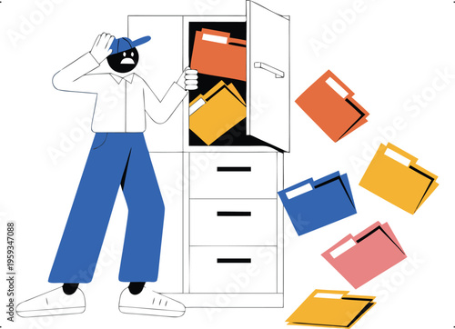 Overwhelmed person struggling with overflowing filing cabinet and disorganized documents and paperwork.