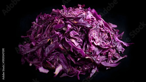 Sliced red cabbage forming a pile, highlighting its vibrant purple color and fresh texture