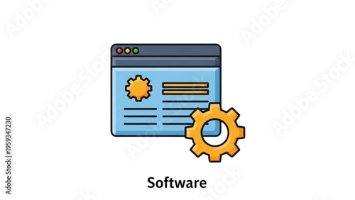 A technical illustration of a software interface with gears and settings.