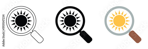 Magnifying Glass Sun Icons Search Brightness Light Inspection Weather Analysis Zoom Discovery Exploration Nature Vector Illustration Collection Isolated Background