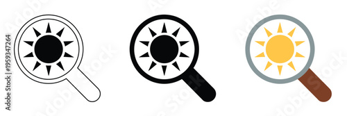 Magnifying Glass Sun Icons Search Brightness Light Inspection Weather Analysis Zoom Discovery Exploration Nature Vector Illustration Set Isolated Background