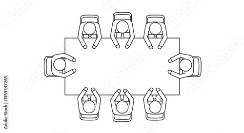 Set of 8 people sitting around a meeting table vector illustration