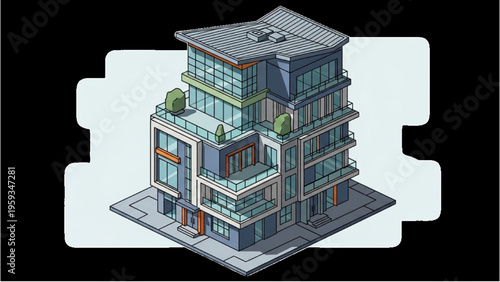 An isometric illustration of a modern building with balconies and plants on the rooftop in a city.