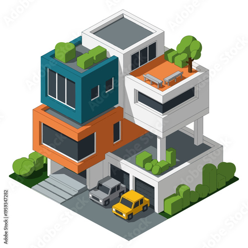 A modern, multi-story residential building with a unique, asymmetrical design, featuring balconies, rooftop gardens, and integrated garages with cars.