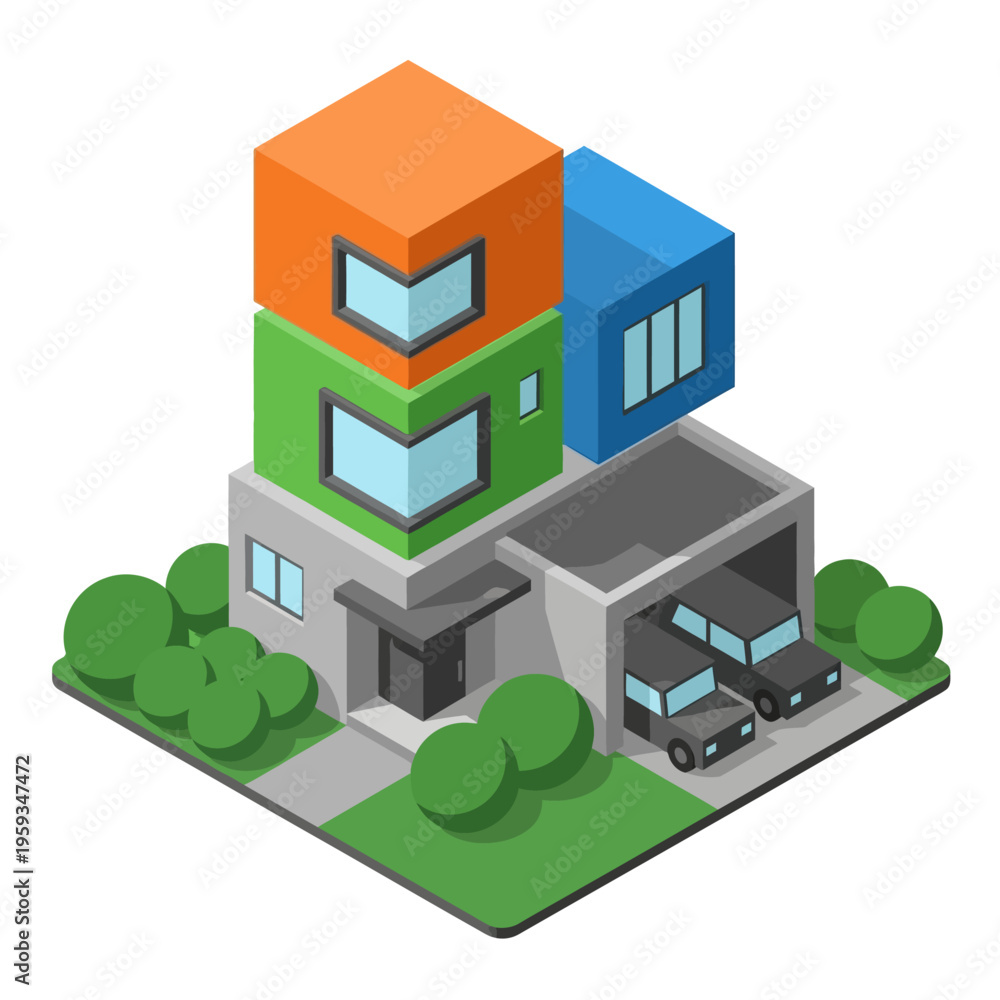 Fototapeta premium Isometric illustration of a modern, multi-story house with a garage and two cars, surrounded by lush green bushes.