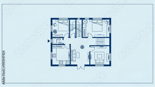 The blueprint shows a detailed floor plan of a modern house interior.