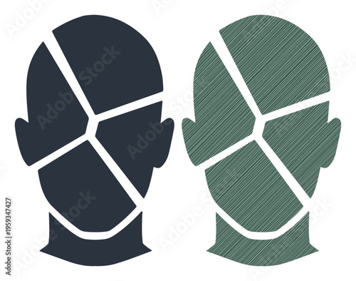 Two stylized heads, one solid and one textured, fractured into segments representing divided thoughts or ideas.