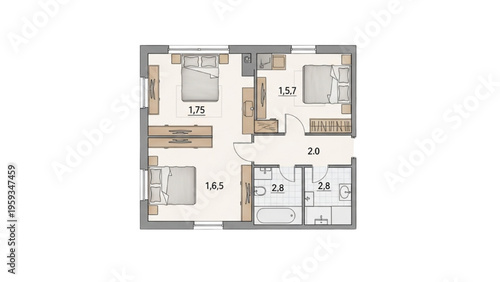 A detailed floor plan illustration of a modern apartment interior layout