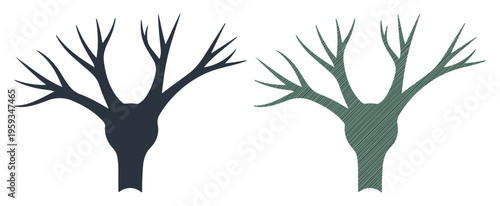 Two stylized tree silhouettes with branching limbs against a white background