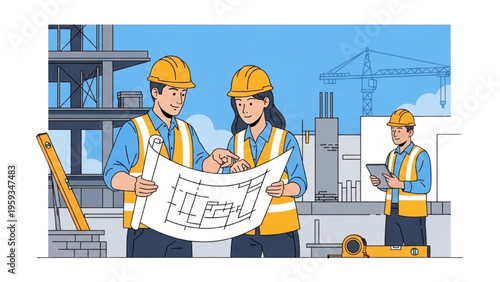 Workers review construction plans on a busy building site outdoors.