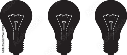 Black light bulbs, vector lightbulb icons, electricity symbols, blackout lamps isolated on Transparent Background