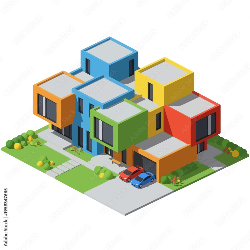 Fototapeta premium A vibrant, modern architectural design featuring a cluster of colorful, modular cubic building units interconnected and arranged in an abstract, playful composition.