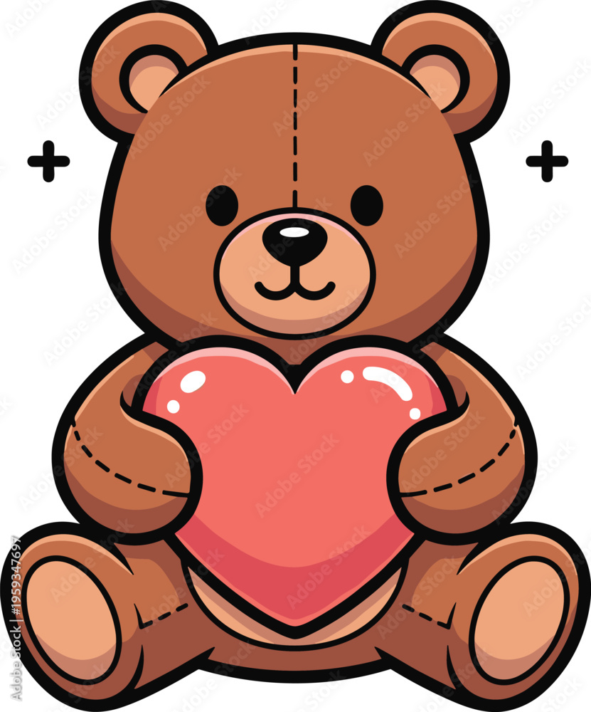 Fototapeta premium Cute brown teddy bear sitting and holding a red heart, Valentines Day illustration, plush toy character, love symbol, white background.