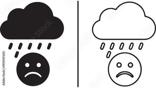 Sad face with rain and raindrops icon