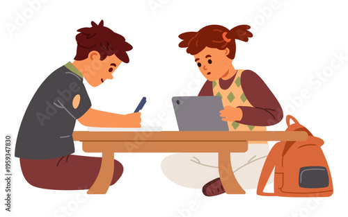 Schoolkids sitting at low table studying flat vector illustration isolated on white. 