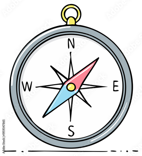 Colorful Cartoon Compass Illustration with Directional Arrows and Metal Casing