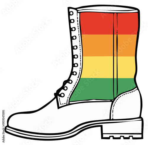 Single boot with pride rainbow stripes. A symbol of diversity and love for everyone and the footwear is suitable for any adventure.