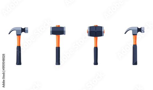 A set of four hammers with orange handles and black grips
