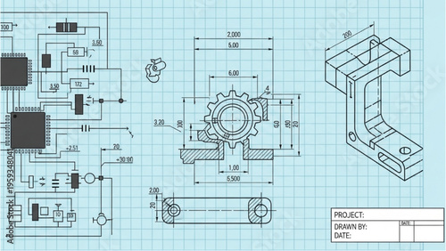 Mechanical engineer designs complex machinery blueprint with technical drawings and schematics on graph paper