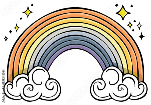 Vibrant rainbow with fluffy white clouds and sparkling stars, a symbol of hope and wonder
