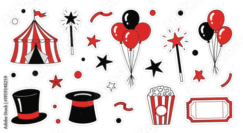 Circus carnival vector illustration set, red and black magic show icons, big top tent with magician hat and balloons, festive party graphics