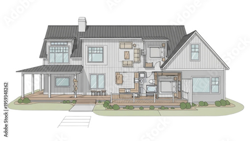 A large house with a wooden porch and a gray roof is shown from the back in an illustration.