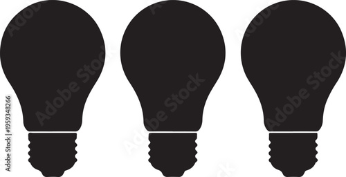 Black light bulbs, lightbulb icons, vector set, electricity symbols isolated on Transparent Background