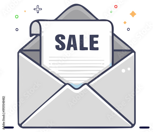 Open envelope displays a document with the word sale and festive confetti
