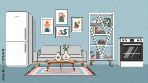 A living room scene with sofa, coffee table, refrigerator, bookshelf, and oven on blue floor.