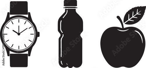 Black icons of watch, soda bottle, apple, simple solid shapes, everyday objects isolated PNG with Transparent Background