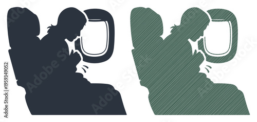 Person sleeping on airplane during travel, looking out the window.