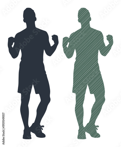 Two athletic figures in silhouette celebrating victory with raised fists against a white background.