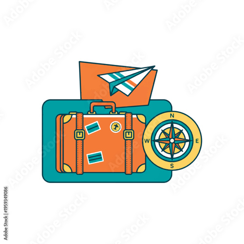 Travel vector illustration featuring a vintage suitcase with stickers, a navigational compass, and a paper plane. Flat geometric style in orange and teal. Concept of world exploration and tourism.