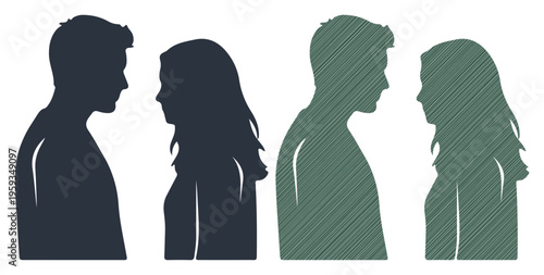 Two couples facing each other in silhouette, representing relationships and connection.