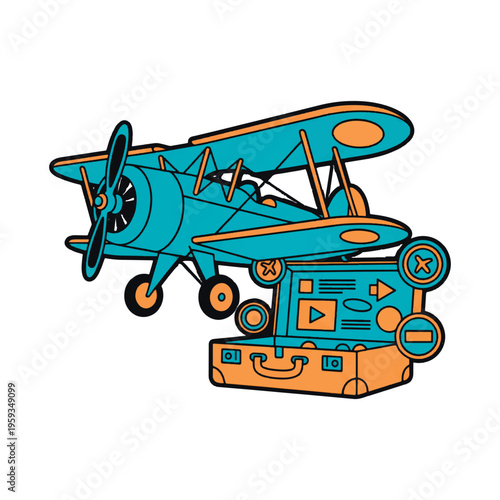 Vintage biplane flying over an open travel suitcase. Retro aviation illustration in flat line art style with teal and orange colors. Ideal for travel, adventure, and tourism design concepts.