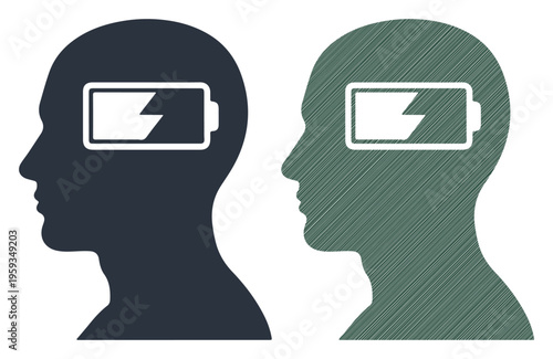 Two human head profiles with a low battery icon inside, representing mental fatigue and low energy.