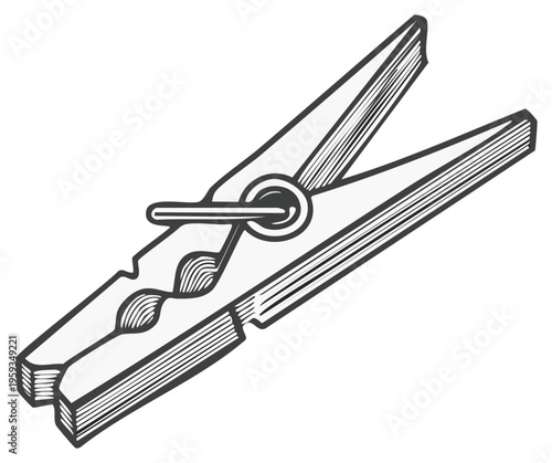 Hand-drawn black and white wooden clothespin clip for laundry and household use