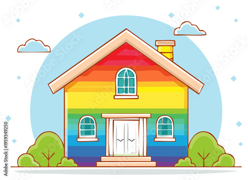 Colorful Rainbow House Illustration with Clouds and Bushes for Pride or Children