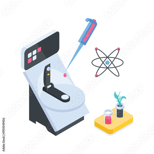 Modern isometric illustration depicting dna pipetting process in genetic laboratory