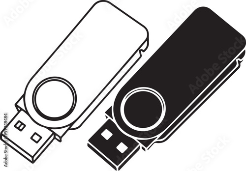 USB flash drives, black and white, vector illustration, data storage devices, thumb drives isolated PNG with Transparent Background