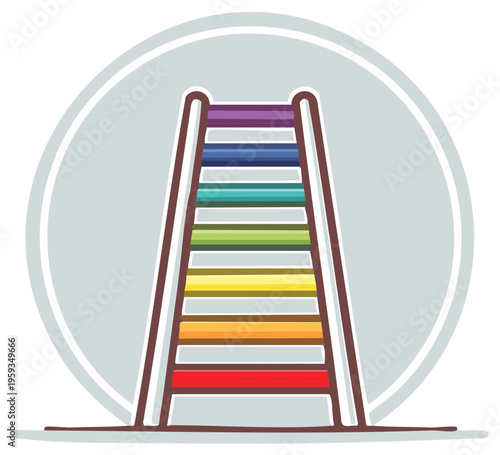 Rainbow colored ladder reaching up within a circular frame symbol of progress and success