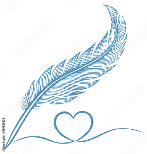 Elegant Blue Feather Beside a Delicate Heart Shape with Flowing Line