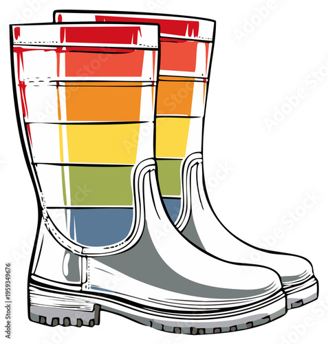 Colorful Striped Rainbow Rubber Boots Illustration Two Grey Wellies Footwear Fashion Isolated Waterproof Protective Rain Gear