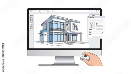 A hand uses a computer to design a modern house illustration